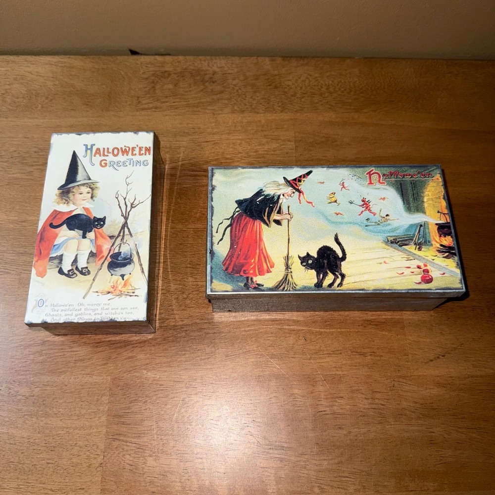 Victorian Trading Co Vintage Style Halloween Tin Set Witch Black Cat Decor